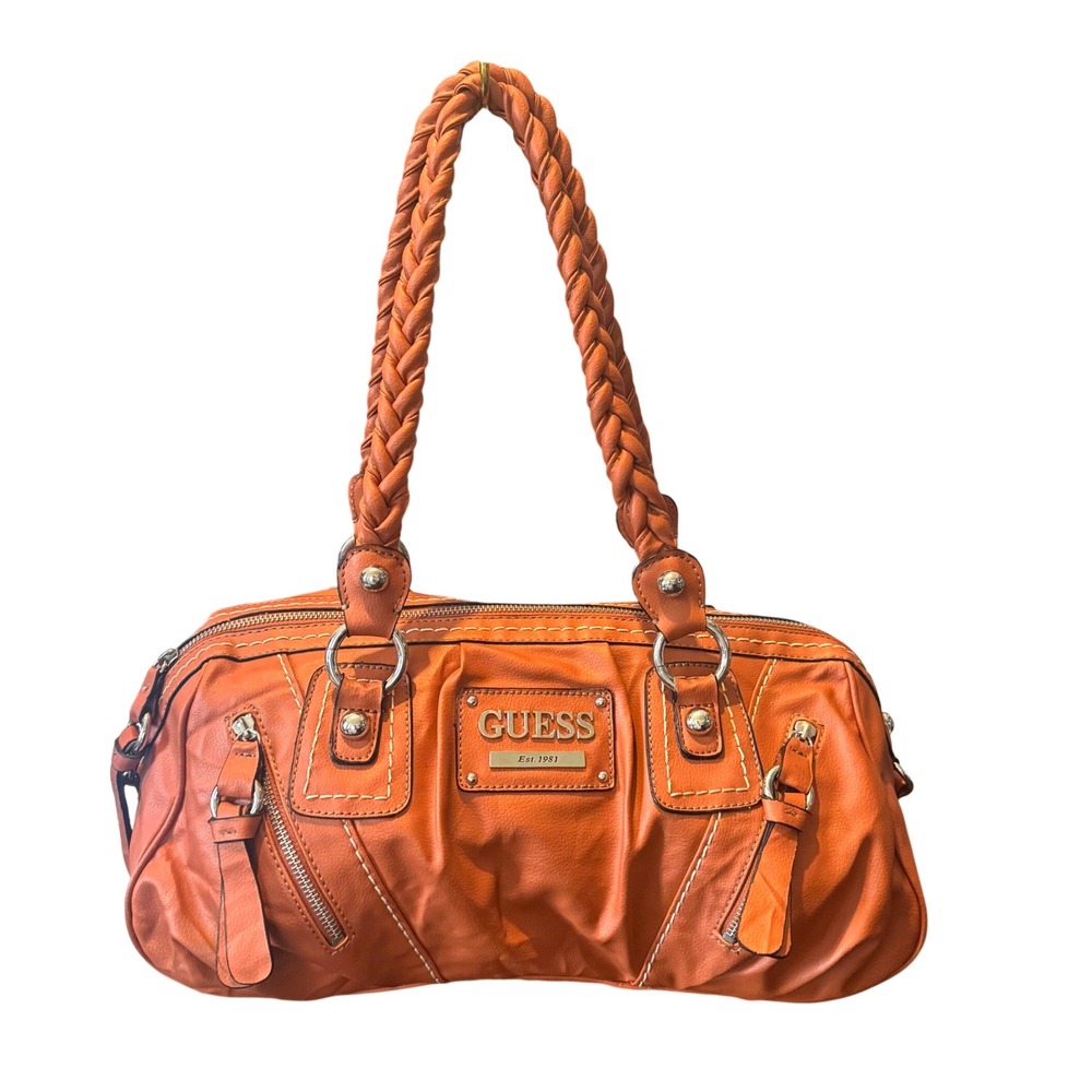 Vintage Guess Burnt Orange Braided Handle Satchel Y2K Boho Zip Pockets Bag